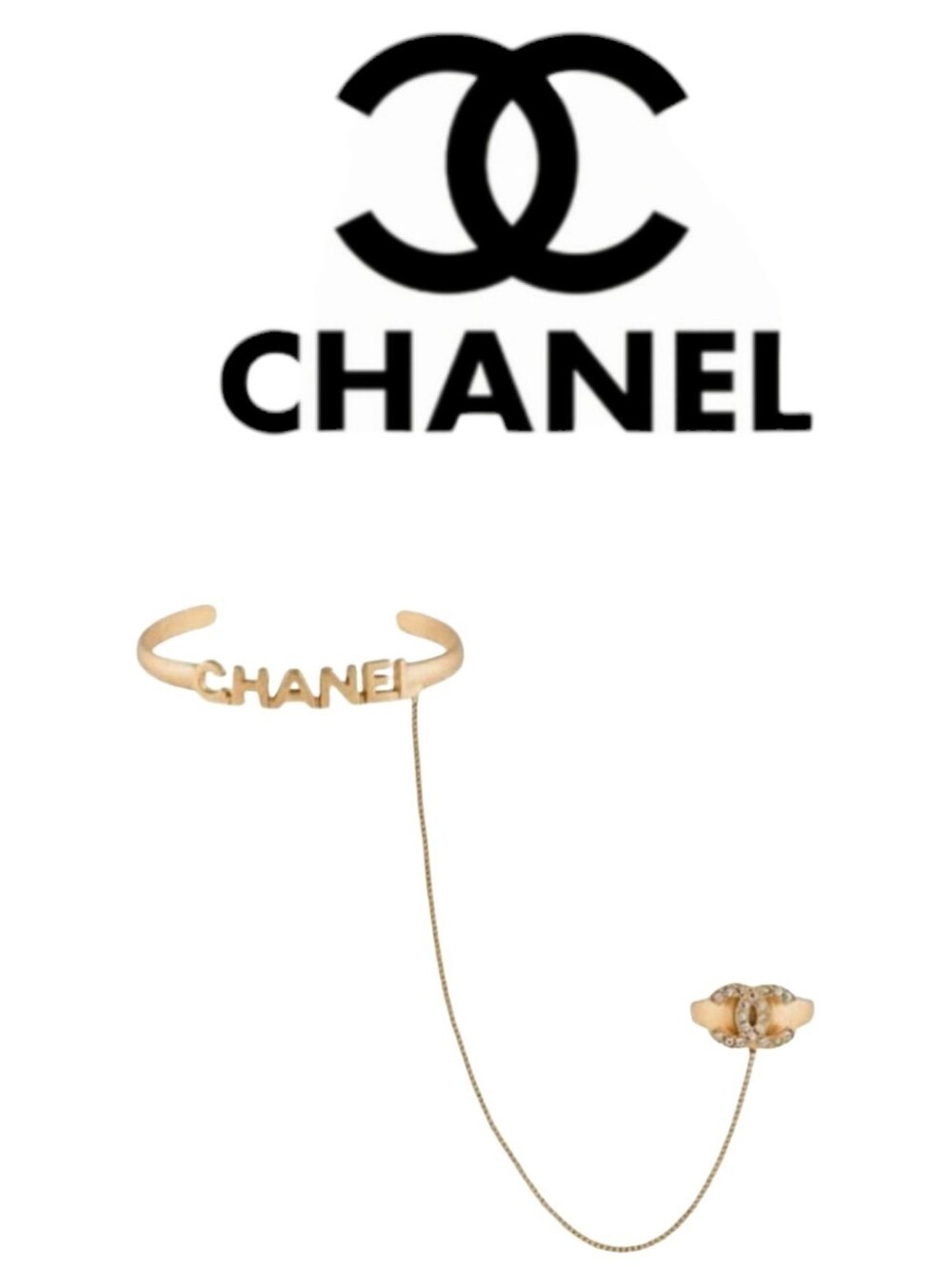 RARE! Like NEW Chanel Ring & Bracelet BANGLE CHAIN LINKED Rhinestone-Embellished